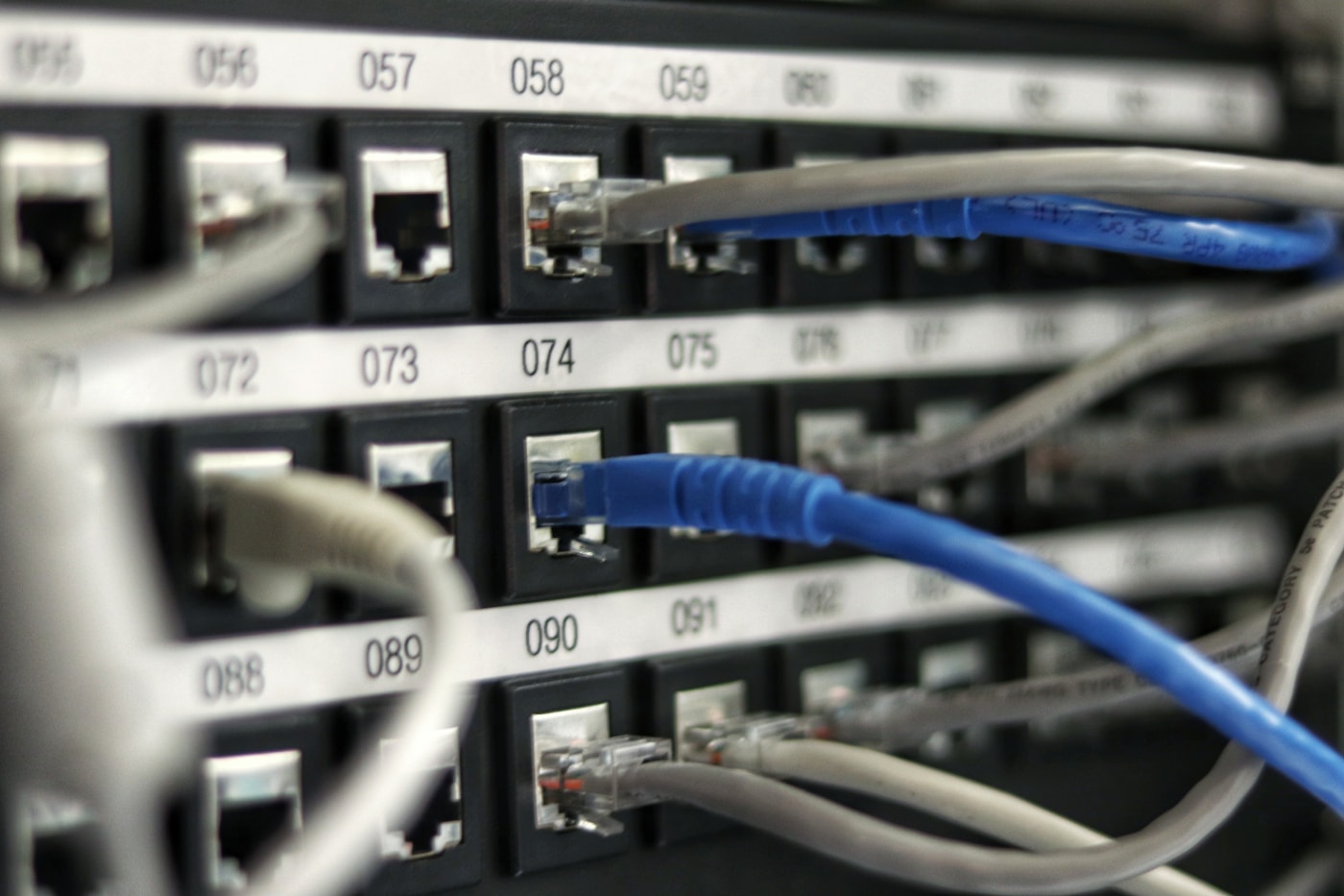 Illustrative stock photo: organized Ethernet cables and patch panel (not our install).